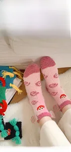 Pink coral fleece socks with 3D green striped ears and cute cartoon patterns
