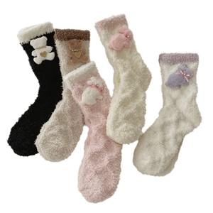 Soft coral fleece crew socks featuring 3D plush bear and rabbit charms in five colors