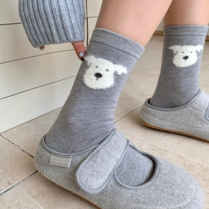 Warm gray mid-calf socks with cute dog motif and matching felt slippers for autumn and winter