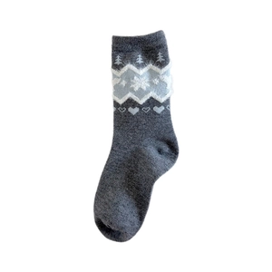 Dark gray thermal wool-like socks with Nordic winter snowflake and heart patterns