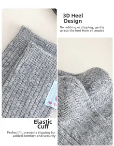 Detail of light grey ribbed wool socks showing elastic cuff and heel construction