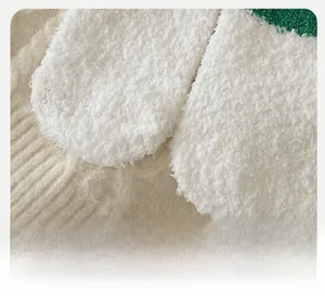 Detail of reinforced 3D heel design on fluffy coral fleece winter socks with soft texture