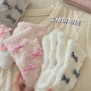 Thick coral fleece socks with checkered bows in pink, white and grey colors