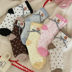 Cozy coral fleece warm socks with plaid bows and bear labels in six assorted colors