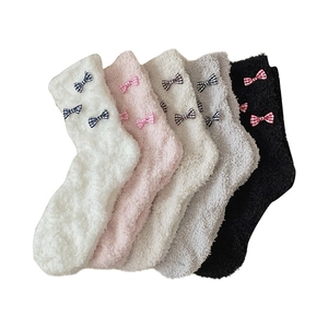 5-pack thick coral fleece winter socks with cute plaid bows in various soft colors