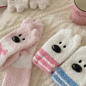 Cute thick coral fleece socks with 3D ears, cozy warm winter thermal hosiery for women