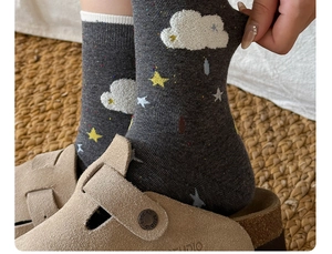 Detail of dark grey crew sock showing soft 3D flocking cloud and star pattern textures