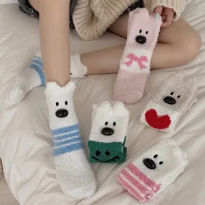 Soft coral fleece crew socks set for winter featuring cute cartoon animal designs