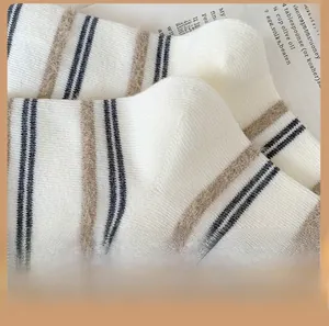 Close-up of the plush heel design and striped knit texture of warm winter socks