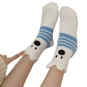 Cute white coral fleece puppy socks with blue stripes for winter warmth and comfort