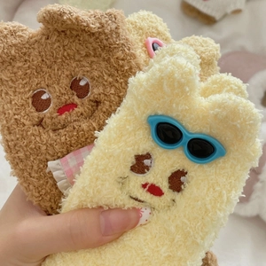 Cute bear pattern coral fleece socks in brown and beige with 3D sunglasses decor