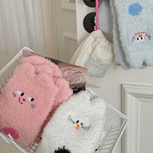 Thick coral fleece socks with cute cartoon cat embroidery for winter warmth and comfort