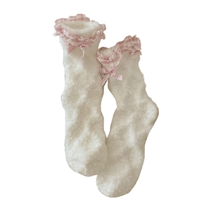 Calze bianche in pile corallo con bordo in pizzo rosa e fiocco per l'inverno