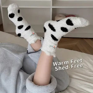 Cute white coral fleece cat embroidery socks with black polka dots for winter warmth