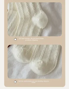 Close-up of knit cotton socks featuring textured cable patterns and reinforced heel