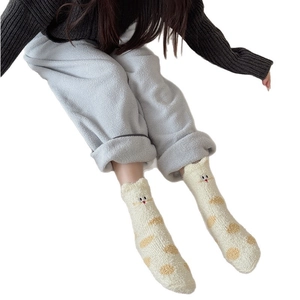 Thick warm coral fleece socks with cat embroidery and yellow polka dots for winter