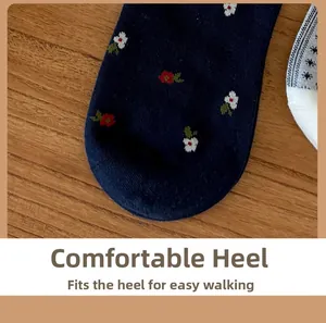 Detailed macro view of the navy cotton sock heel featuring a delicate red floral pattern