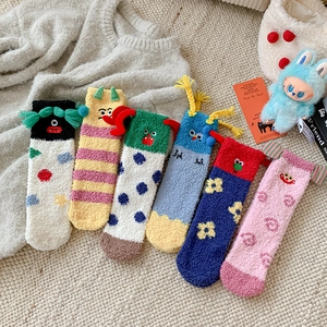 Funny Monster Cartoon Coral Fleece Socks Women Thickened Warm Sleeping Floor Hosiery With Decoration Kawaii Winter Indoor