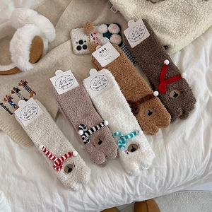 Winter Warm Coral Fleece Socks Thick Plush Mid Calf Sleeping Hosiery Cartoon Bear Ears Scarf Decor Women Home Comfort