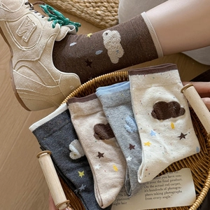 Women Crew Socks Combed Cotton Knit Breathable Flocking Cloud Star Pattern Japanese Style Cute Kawaii Daily Casual