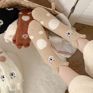 Fuzzy coral fleece socks with 3D cat ears and polka dots for winter home warmth