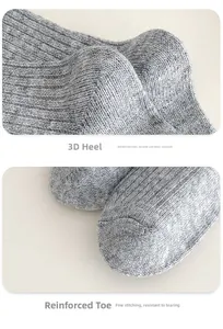 Macro view of grey wool socks with reinforced toe and reinforced 3D heel structure