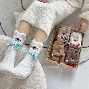 Cozy bear-themed coral fleece socks for women, thick warm winter socks with 3D animal ears