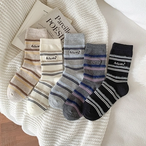Women Cotton Crew Socks Striped As You Wish Letter Embroidery Plush Contrast Color Breathable Casual Ins Style