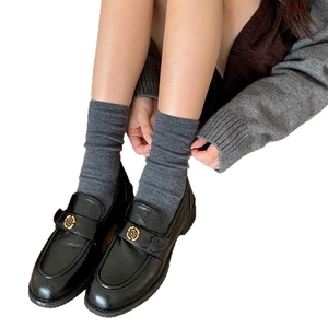 Thick silk wool waffle socks in dark grey styled with black leather floral loafers