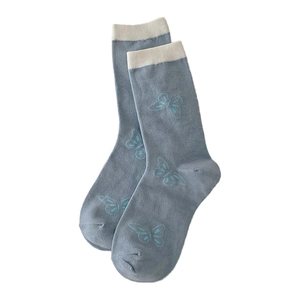 Women's blue mid-calf socks with floral butterfly embroidery and white ribbed cuffs