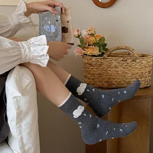 Cozy crew socks set for women with cartoon cloud and star jacquard in soft muted tones