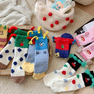 Funny monster coral fleece socks with 3D antennas and cute embroidery for winter warmth
