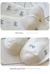 Close-up of reinforced heel and toe stitching on white polka dot bow cotton socks