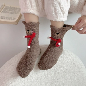 Cute brown coral fleece teddy bear socks for women with a warm red scarf detail