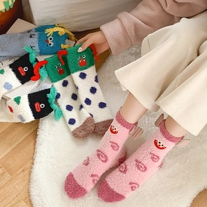 Funny cartoon coral fleece warm socks with colorful patterns and 3D plush ears decor
