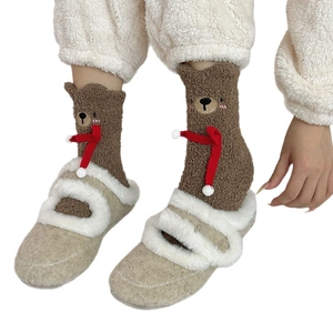 Cute brown coral fleece bear socks with 3D ears and plush Mary Jane slippers set