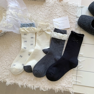 Women Crew Socks Cotton Blend Bowknot Polka Dot Ruffle Lettuce Edge Sweet Balletcore Style Ribbed Mid Calf Fashion