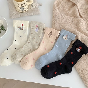 Women Crew Socks Cotton Blend Cartoon Animal Embroidery Polka Dot Pattern Folded Cuff College Style Breathable Casual