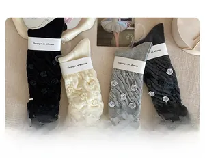 Detailed knit texture and 3D rose ornaments on sweet style mid-calf socks