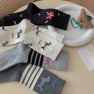 Cute cartoon puppy crew socks in multi-color set with striped rib knit cotton blend