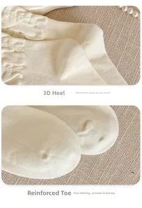 Detail view of reinforced heel and manual suture toe on these sweet cream cotton socks