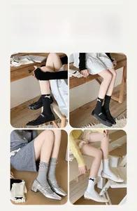 Detail of sweet Japanese style ribbed crew socks with lace trim and velvet bows