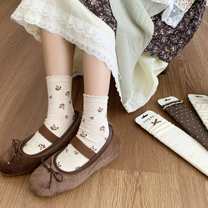 Japanese style vintage floral crew socks with bow detail and polka dot patterns