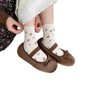 Japanese style floral crew socks in oatmeal with brown plush Mary Jane ballet shoes