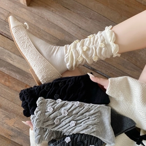 Sweet grey slouch socks with 3D rose flower accents and feminine ruffled trim for women