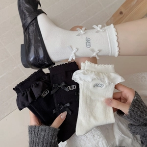 Chaussettes Mi-hautes Femmes Mélange Coton Doux Noeud Papillon Bordure Dentelle Broderie Lettre Style Lolita JK