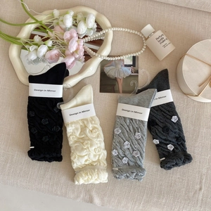 Sweet 3D rose flower slouch socks in black, beige, and grey with cable knit texture