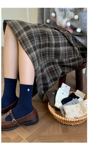 Detail of cotton crew socks with buttons and bows paired with vintage Mary Jane shoes