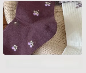 Detail of reinforced heel design on plum purple floral and beige ribbed cotton socks