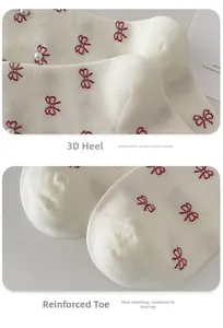 Detailed view of reinforced toe and heel on white lace socks with red bow and pearls